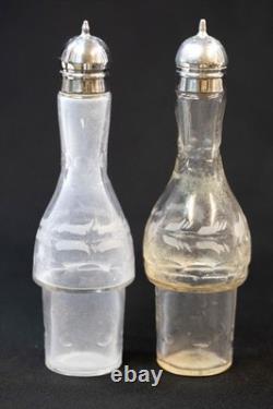 Antique Silver Plate & Glass Cruet/Condiment Caddy 6 Pc Set All Original Bottles