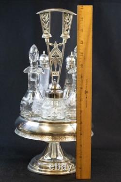 Antique Silver Plate & Glass Cruet/Condiment Caddy 6 Pc Set All Original Bottles