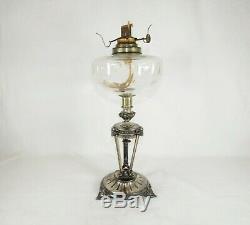 Antique Silver Plate Oil Lamp w Cut & Polished Glass 19th Century Silverplate