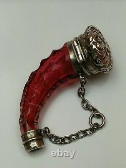 Antique Silver Plate and Ruby Cut Glass Victorian Vinaigrette Shaped As Horn