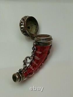 Antique Silver Plate and Ruby Cut Glass Victorian Vinaigrette Shaped As Horn