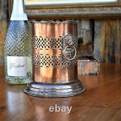 Antique Silver Plate on Copper Fret Lion Handles Bottle Wine Champagne Holder