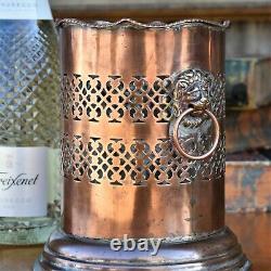 Antique Silver Plate on Copper Fret Lion Handles Bottle Wine Champagne Holder