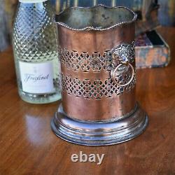 Antique Silver Plate on Copper Fret Lion Handles Bottle Wine Champagne Holder
