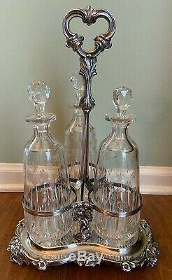 Antique Silver Plated 3 Wine Liquor Bottle Decanter Set Fleur-De-Lis Glass