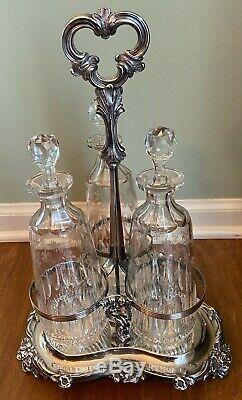 Antique Silver Plated 3 Wine Liquor Bottle Decanter Set Fleur-De-Lis Glass