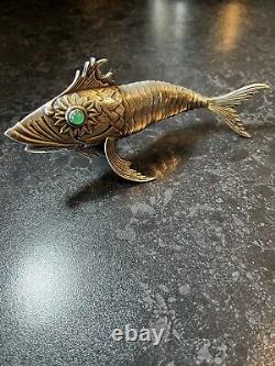 Antique Silver Plated Articulated Green Eye Fish Spainish Art Deco 1920