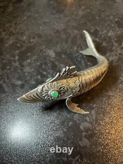 Antique Silver Plated Articulated Green Eye Fish Spainish Art Deco 1920