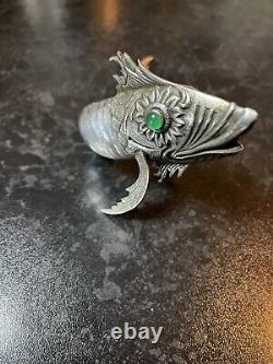 Antique Silver Plated Articulated Green Eye Fish Spainish Art Deco 1920