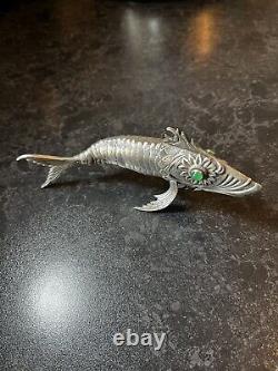 Antique Silver Plated Articulated Green Eye Fish Spainish Art Deco 1920