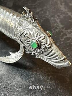 Antique Silver Plated Articulated Green Eye Fish Spainish Art Deco 1920