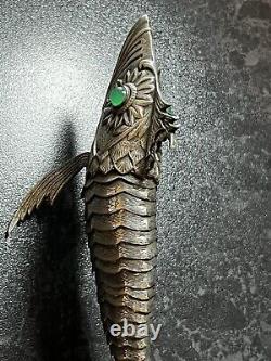 Antique Silver Plated Articulated Green Eye Fish Spainish Art Deco 1920