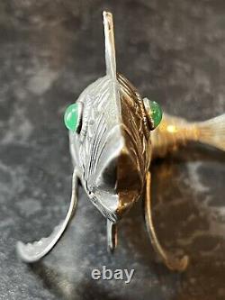 Antique Silver Plated Articulated Green Eye Fish Spainish Art Deco 1920