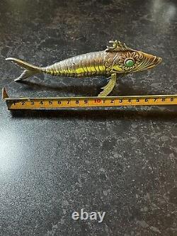 Antique Silver Plated Articulated Green Eye Fish Spainish Art Deco 1920