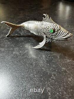 Antique Silver Plated Articulated Green Eye Fish Spainish Art Deco 1920