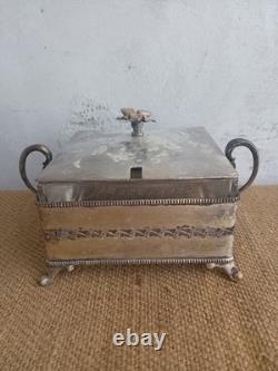 Antique Silver Plated Bee Finial Fretwork Frame Glass Liner Preserve Pot c. 1900
