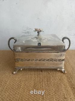 Antique Silver Plated Bee Finial Fretwork Frame Glass Liner Preserve Pot c. 1900