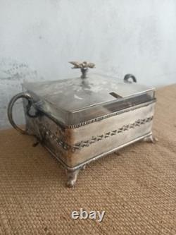 Antique Silver Plated Bee Finial Fretwork Frame Glass Liner Preserve Pot c. 1900