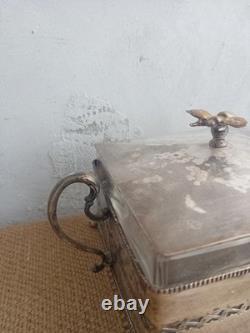 Antique Silver Plated Bee Finial Fretwork Frame Glass Liner Preserve Pot c. 1900