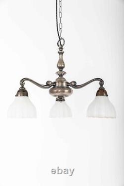 Antique Silver Plated Brass Art Deco Ceiling Opaline Glass Chandelier Lamp Light