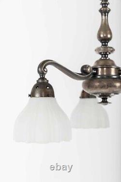 Antique Silver Plated Brass Art Deco Ceiling Opaline Glass Chandelier Lamp Light