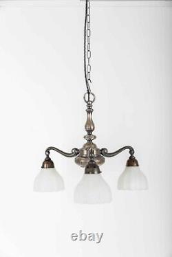 Antique Silver Plated Brass Art Deco Ceiling Opaline Glass Chandelier Lamp Light