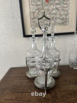 Antique Silver Plated Cruet Set 3 Glass Bottles Decanter Stand Ram Head