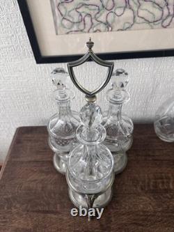 Antique Silver Plated Cruet Set 3 Glass Bottles Decanter Stand Ram Head