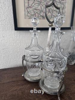 Antique Silver Plated Cruet Set 3 Glass Bottles Decanter Stand Ram Head