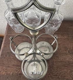 Antique Silver Plated Cruet Set 3 Glass Bottles Decanter Stand Ram Head