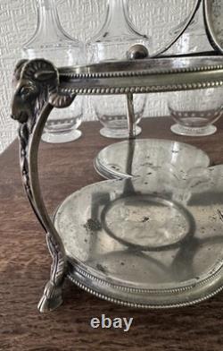 Antique Silver Plated Cruet Set 3 Glass Bottles Decanter Stand Ram Head