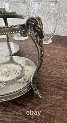 Antique Silver Plated Cruet Set 3 Glass Bottles Decanter Stand Ram Head