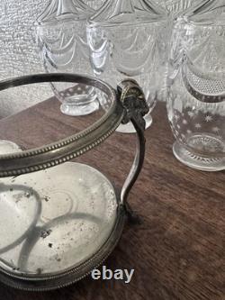 Antique Silver Plated Cruet Set 3 Glass Bottles Decanter Stand Ram Head