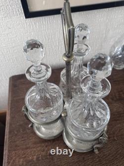 Antique Silver Plated Cruet Set 3 Glass Bottles Decanter Stand Ram Head