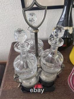 Antique Silver Plated Cruet Set 3 Glass Bottles Decanter Stand Ram Head