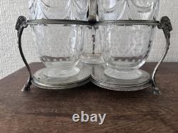 Antique Silver Plated Cruet Set 3 Glass Bottles Decanter Stand Ram Head