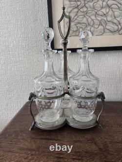 Antique Silver Plated Cruet Set 3 Glass Bottles Decanter Stand Ram Head