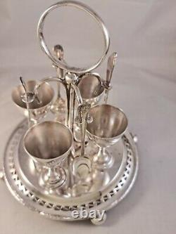 Antique Silver Plated Egg Cups Holder & 4 Spoons Breakfast Set of Four C. 1920's
