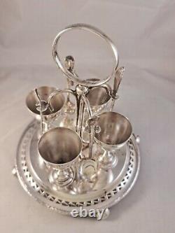 Antique Silver Plated Egg Cups Holder & 4 Spoons Breakfast Set of Four C. 1920's