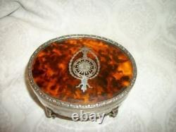 Antique Silver Plated Faux Tortoise Shell Inlay Jewelry Casket French Farmhouse