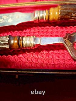 Antique Silver Plated Fish Cutlery Set With Horn Handles In Original Box