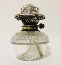 Antique Silver Plated HINKS Duplex Oil Lamp Burner with Cut Glass Font