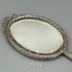 Antique Silver Plated Hand Mirror Edwardian Reeded Panel Reed Ribbon Bow Old