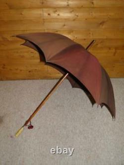 Antique Silver Plated Parasol By KENDALL With Brown Canopy & Synthetic Top