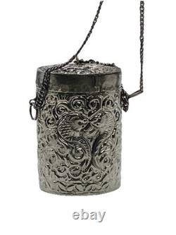 Antique Silver Plated Purple Velvet Lined Repousse Cylindrical Pendant Lid Chain