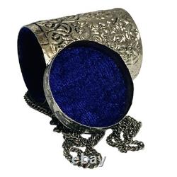 Antique Silver Plated Purple Velvet Lined Repousse Cylindrical Pendant Lid Chain