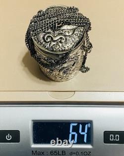 Antique Silver Plated Purple Velvet Lined Repousse Cylindrical Pendant Lid Chain