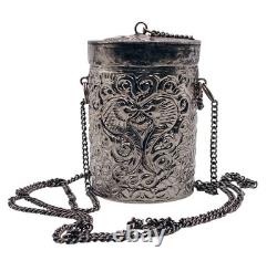 Antique Silver Plated Purple Velvet Lined Repousse Cylindrical Pendant Lid Chain