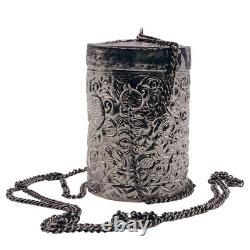 Antique Silver Plated Purple Velvet Lined Repousse Cylindrical Pendant Lid Chain Antique Silver Plated Purple Velvet Lined Repousse Cylindrical Pendant Lid Chain