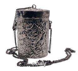 Antique Silver Plated Purple Velvet Lined Repousse Cylindrical Pendant Lid Chain